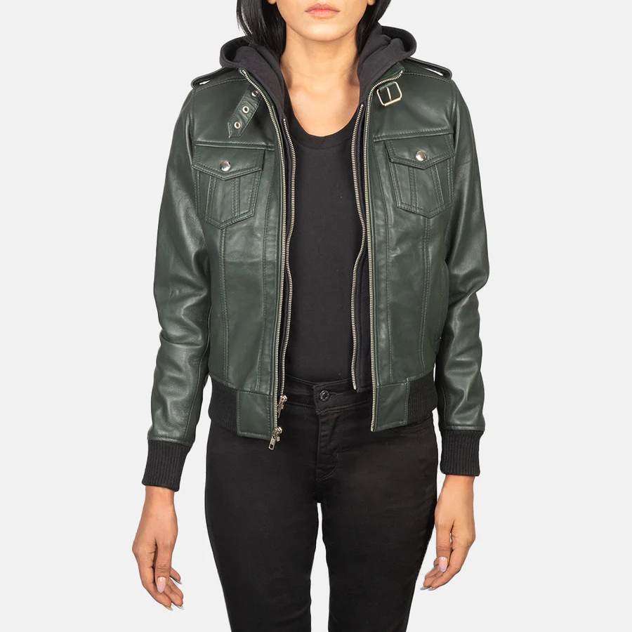 Roslyn Black Hooded Leather Bomber Jacket - Image 4